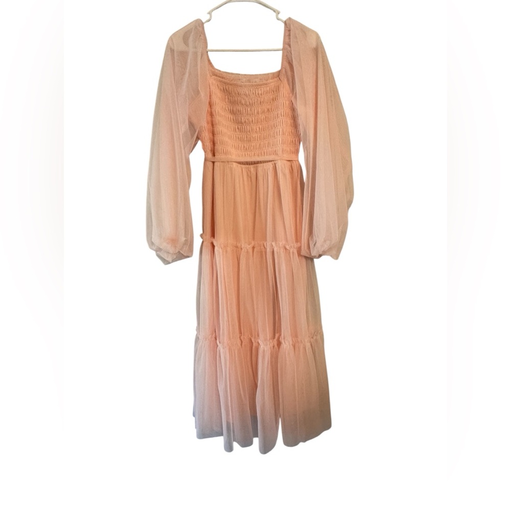 Listicle Pink Tulle Smocked Puff Sleeve Dress Womens Medium Tiered Cottagecore